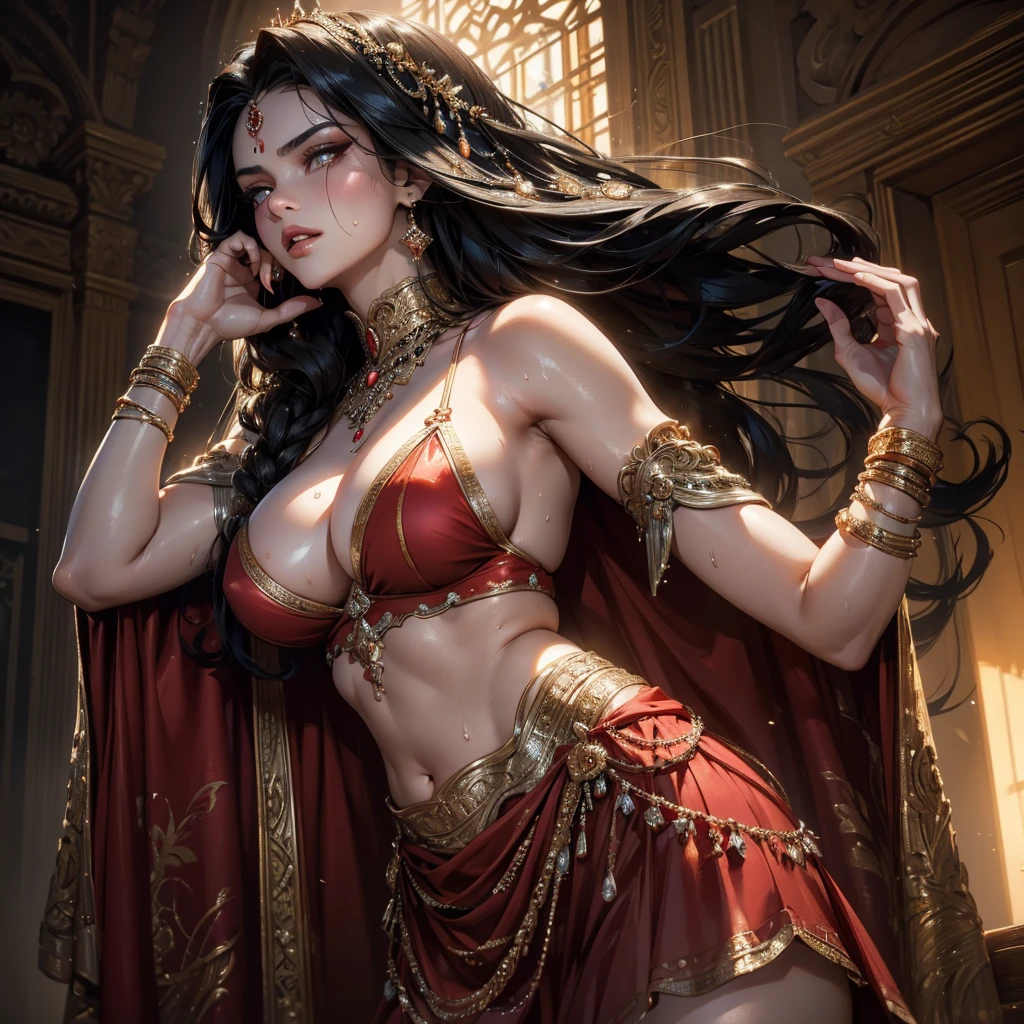 Single beautiful persian princess, wearing a fitted wet red sharara, long wavy black hair, visible extremely sweat dripping from armpits, fully body covered in extremely glistening and shining sweat, big breasts, white skin, backside visible with detailed facial features, beautiful detailed eyes, beautiful detailed lips, extremely detailed face, long eyelashes, portrait, (best quality,4k,8k,highres,masterpiece:1.2),ultra-detailed,(realistic,photorealistic,photo-realistic:1.37),dramatic lighting, warm color tones, vibrant colors