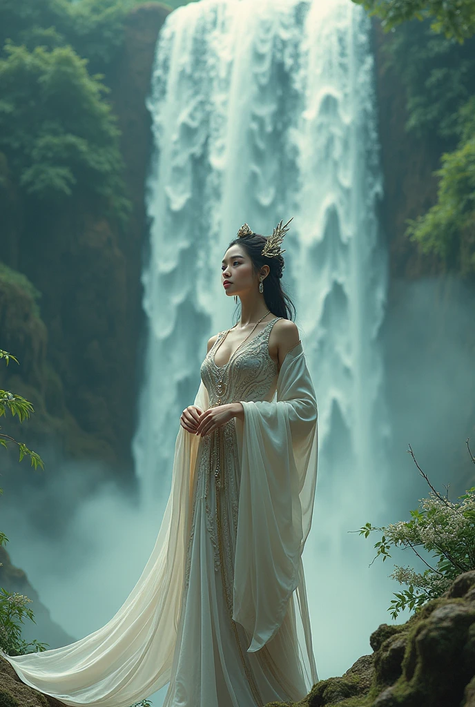 araffes in a bikini posing in front of a waterfall, japanese goddess, asian nymph bald goddess, chinese empress, gorgeous chinese model, a beautiful fantasy empress, yoko matsugane as mai shiranui, gorgeous female jade tailor, giant stunning goddess shot, oriental fantasy, next to a waterfall, beautiful goddess, inspired by Li Tang