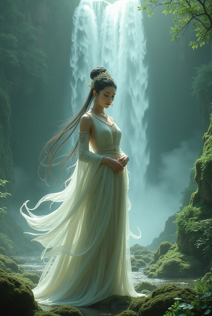 araffes in a bikini posing in front of a waterfall, japanese goddess, asian nymph bald goddess, chinese empress, gorgeous chinese model, a beautiful fantasy empress, yoko matsugane as mai shiranui, gorgeous female jade tailor, giant stunning goddess shot, oriental fantasy, next to a waterfall, beautiful goddess, inspired by Li Tang