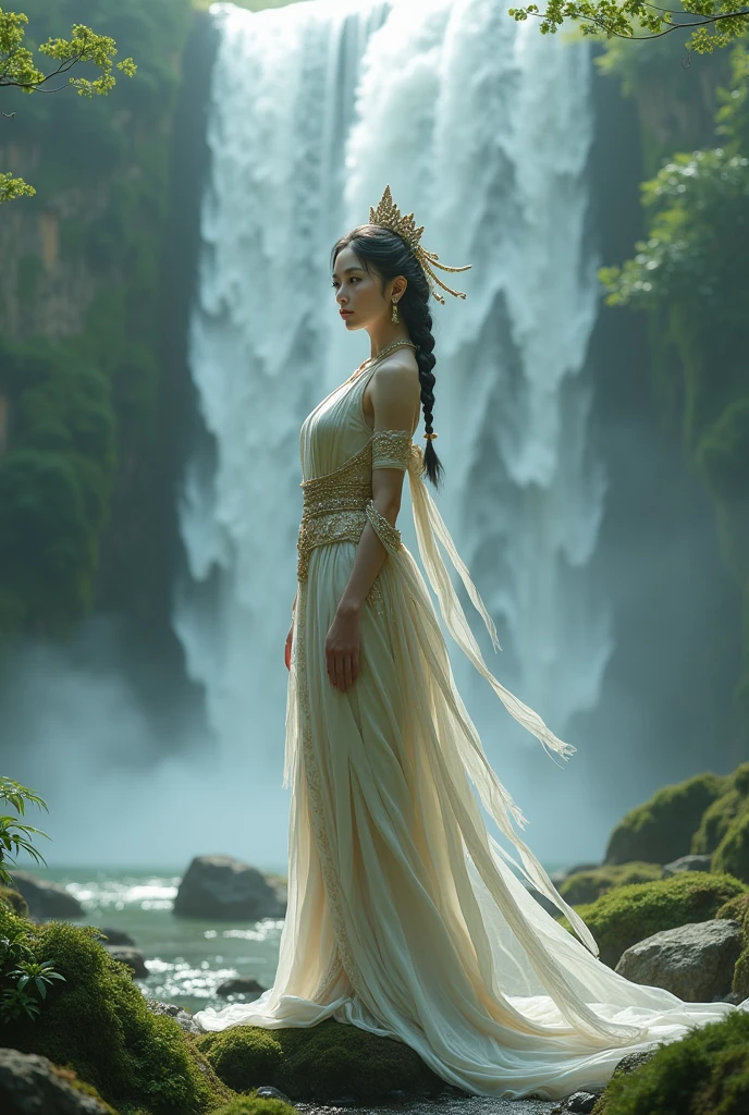 araffes in a bikini posing in front of a waterfall, japanese goddess, asian nymph bald goddess, chinese empress, gorgeous chinese model, a beautiful fantasy empress, yoko matsugane as mai shiranui, gorgeous female jade tailor, giant stunning goddess shot, oriental fantasy, next to a waterfall, beautiful goddess, inspired by Li Tang