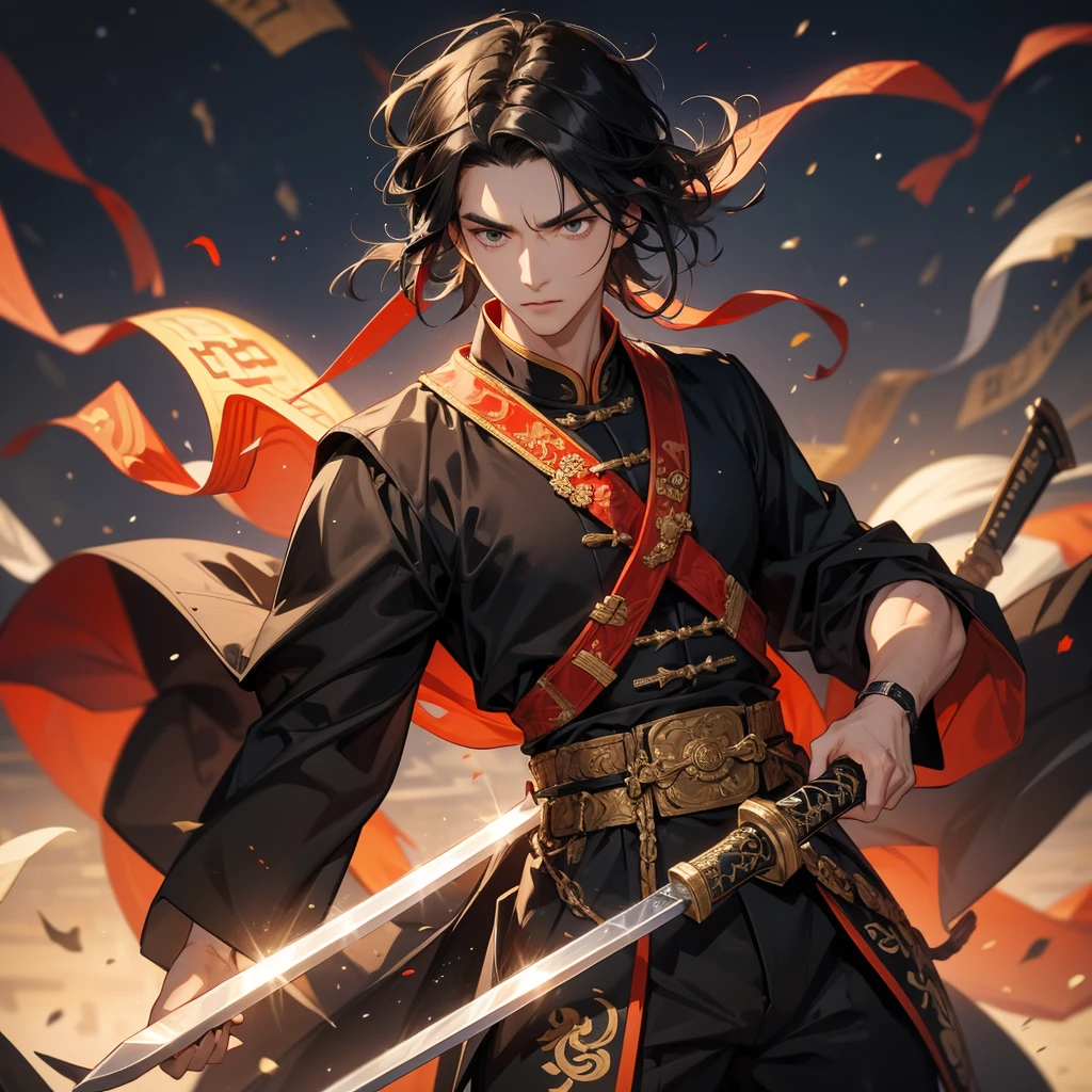 handsome black-haired male general holding a large sword in an ancient Chinese general outfit is on an ancient Chinese battlefield.