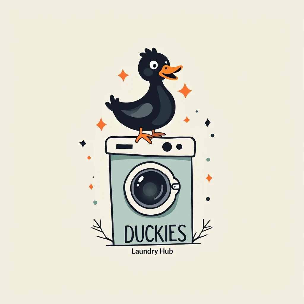 make a simple logo of a black duck at the top of a in washing machine with simple designs and put a caption right it "Duckies Laundry Hub"