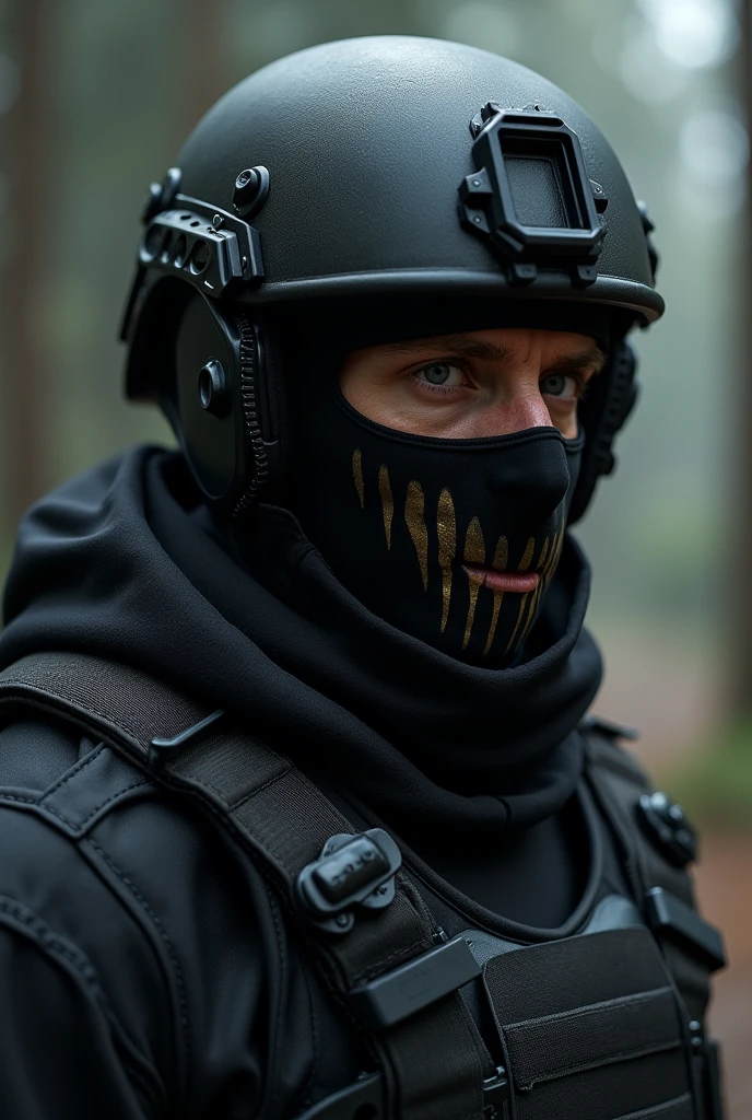 A man in a black balaclava with a golden claw pattern on his face. A military black helmet on his head