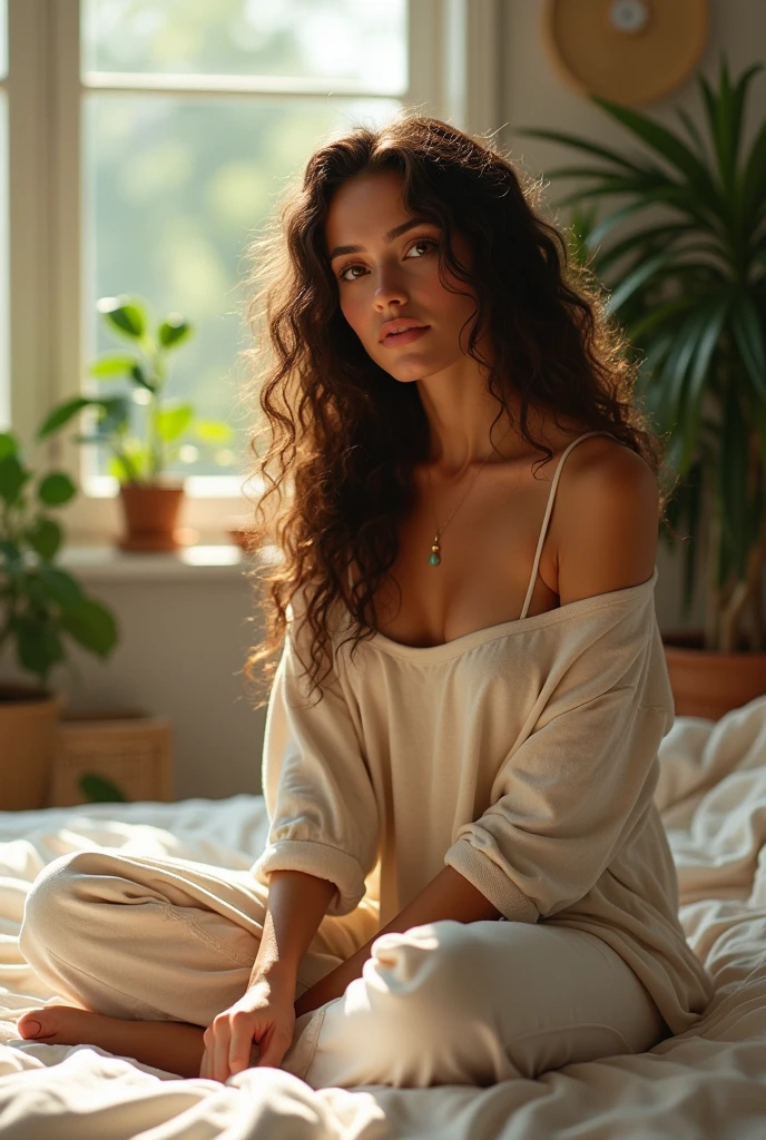 (photorealism:1.2), beautiful woman, sitting on bed, wearing loose off-shoulder top, pajama pants, long curly hair, indoors, soft lighting, plants in background, window with sunlight, cozy room, relaxed pose, realistic, intricate details, warm colors, by Greg Rutkowski, by Alphonse Mucha