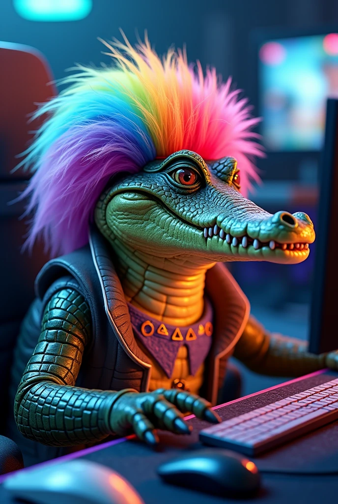 A gamer crocodile with a wig, lipstick and LGBT makeup