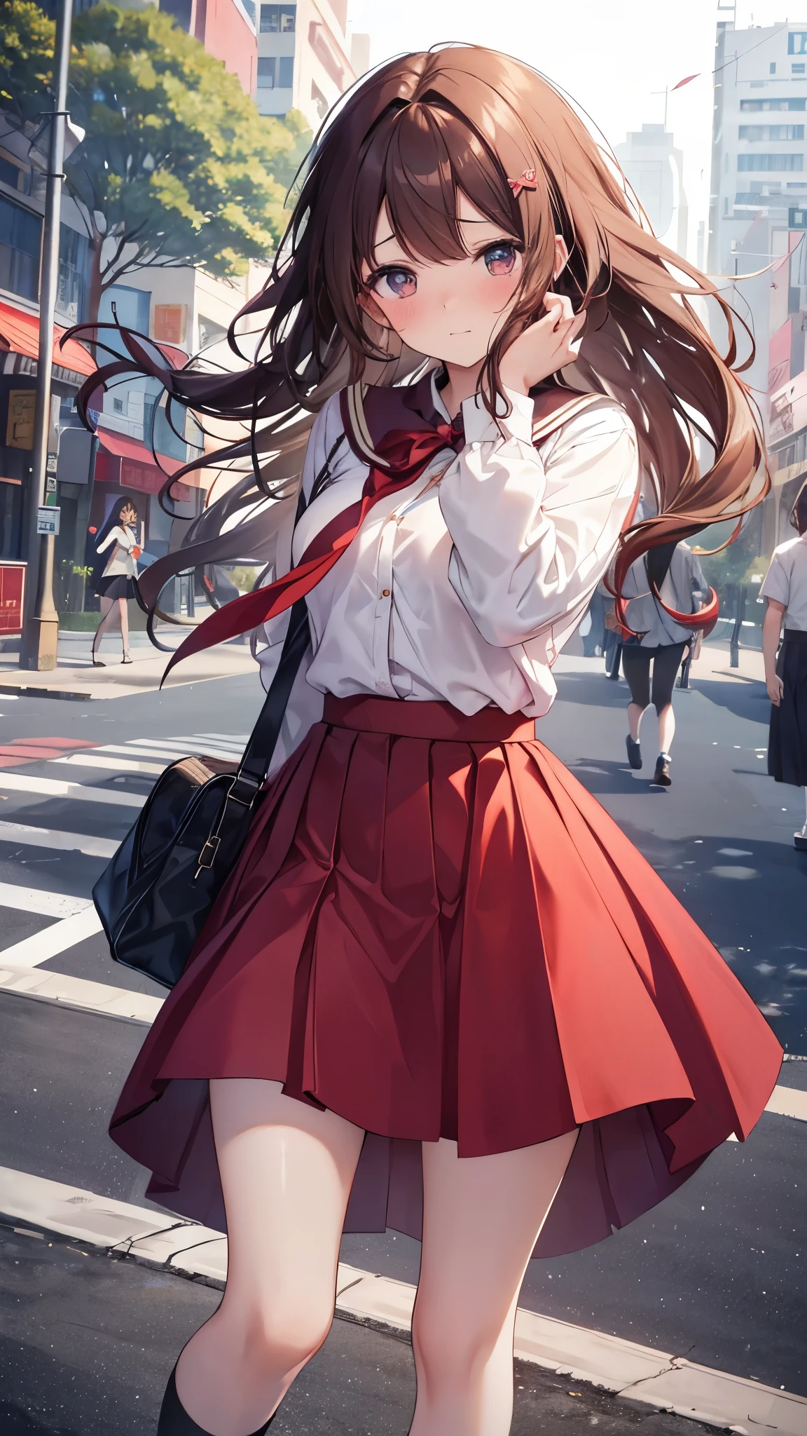 An anime girl with long brown hair walks down the sidewalk. Dark brown hair.,Long Wavy Hair、20-year-old woman、shy、Beautiful Hong Kong Chinese University、White shirt,Red flared skirt,Good style,,(Look forward)(((My cheeks are red.、Embarrassed expression)),(((The wind blew up her skirt)))、((You can see everything))、Light pink lace,The skirt was blown up by the wind