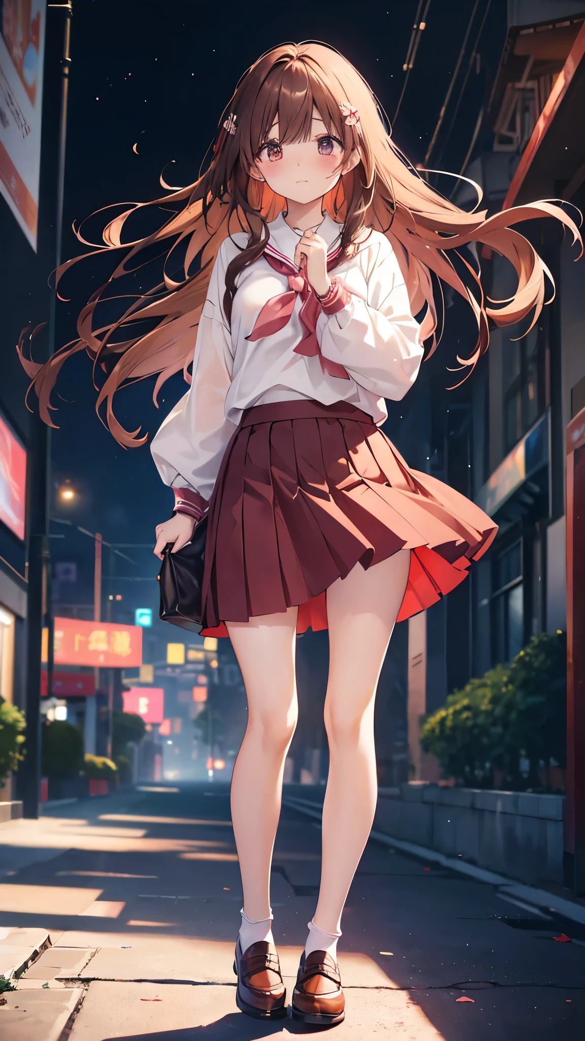 An anime girl with long brown hair walks down the sidewalk. Dark brown hair.,Long Wavy Hair、20-year-old woman、shy、Beautiful Hong Kong Chinese University、White shirt,Red flared skirt,Good style,,(Look forward)(((My cheeks are red.、Embarrassed expression)),(((The wind blew up her skirt)))、((You can see everything))、Light pink lace,The skirt was blown up by the wind
