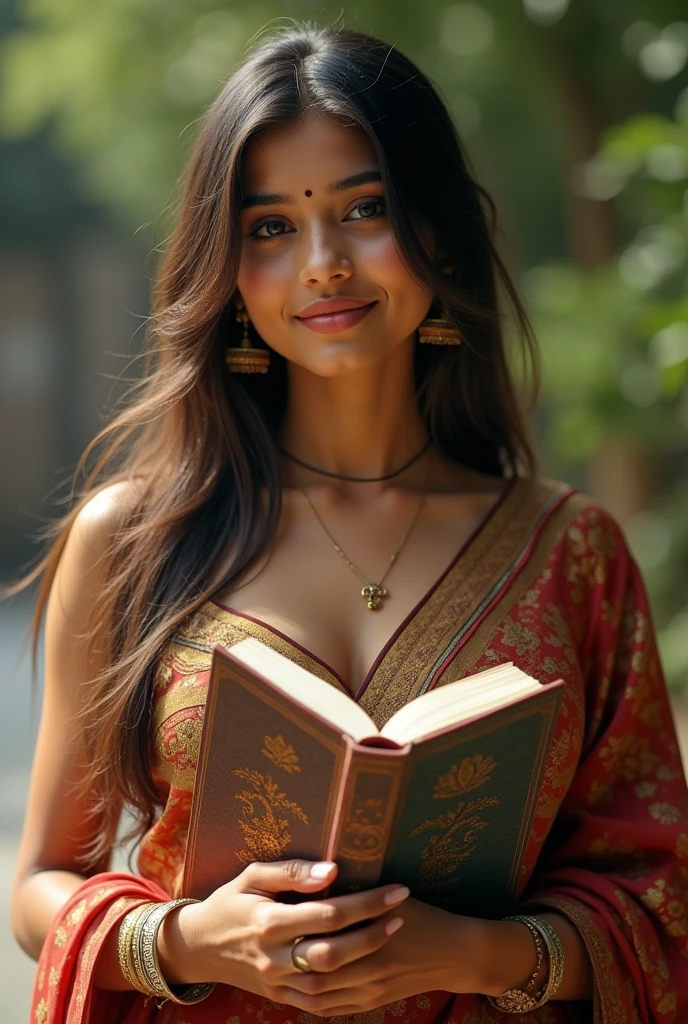 A really indian girl and big breasts but very modestly clothed and she is young like a college student with half her face covered with a book and she smiles beautifully , taking a ultra really realistic photo and candid