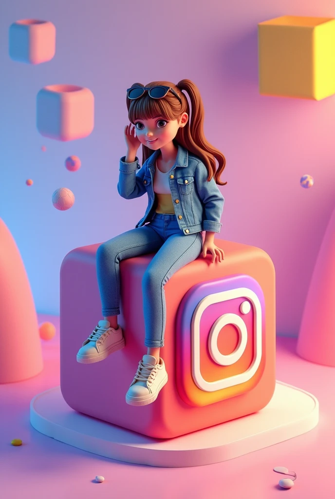 Create a 3D illustration of an animated girl character sitting casually on top of a social media logo "SocialMedia". The character must wear casual modern clothing such as jeans jacket and sneakers shoes. The background of the image is a social media profile page with a user name "KING" and a profile picture that match