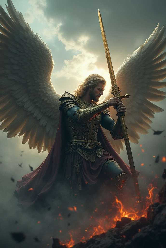 a epic battle scene of the archangel st. michael defeating lucifer, archangel michael in detailed armor wielding a powerful sword from god, lucifer as a demonic fallen angel, dramatic lighting, dark cloudy sky, detailed realism, cinematic, masterpiece, photorealistic, cinematic lighting, 8k, award winning, digital art