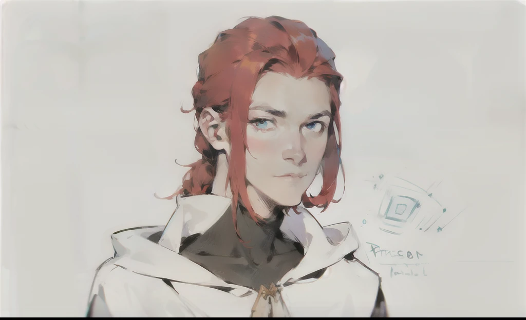 man, Red hair, braided into a tail, Blue eyes, White priestly robe, Shoulder-length portrait