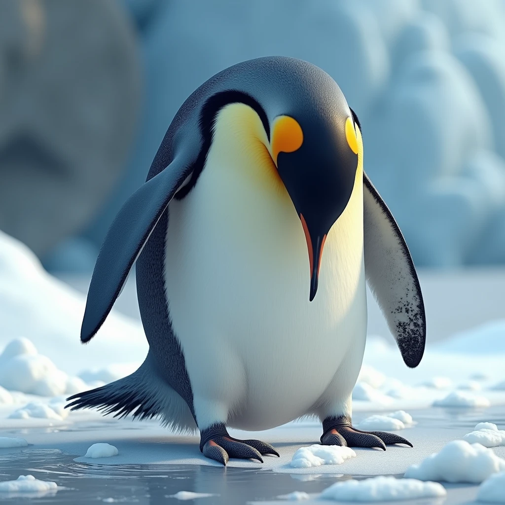 Realistic emperor penguin taking a poo