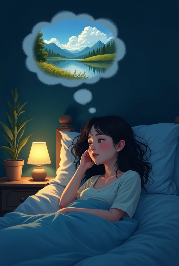 A young lady is lying in bed, with a thought bubble above her head showing her painting a beautiful landscape. The room is dimly lit with a night lamp, and her face looks peaceful and content, reflecting her passion for painting."