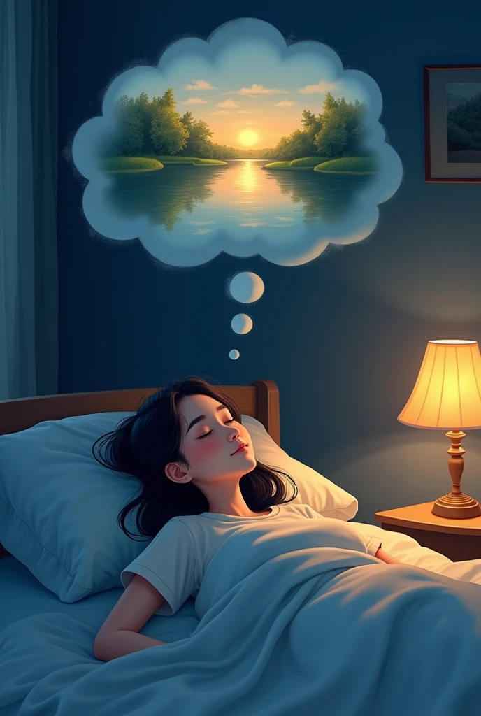 A young lady is lying in bed, with a thought bubble above her head showing her painting a beautiful landscape. The room is dimly lit with a night lamp, and her face looks peaceful and content, reflecting her passion for painting."