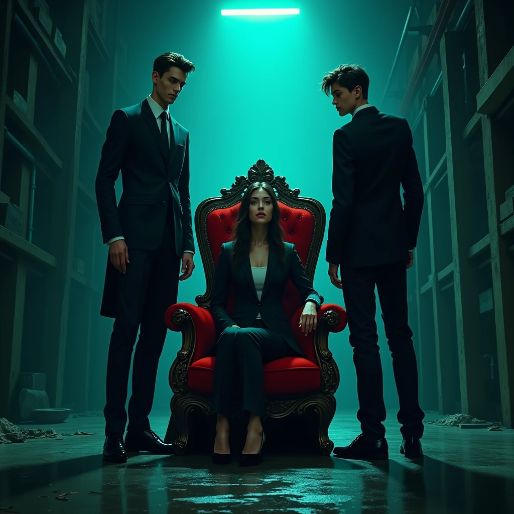 An eerie warehouse-like room with perfect detail
And a complex hacking system
A blue and green lighting
A few dots left next to the picture
and a young woman in a black suit sitting on a large aristocratic red chair
And a young man is standing next to him with a scary smile
A number of tall bodyguards are beside them
