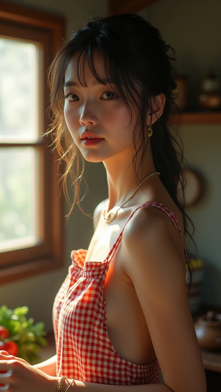 (32K:1.9, Highest quality, masterpiece, Ultra-high resolution, Professional low-angle camerawork:1.5, Very detailedな肌と顔の質感:1.4), Always accurate, Very detailed, ((27-year-old Japanese wife, Busty on the verge of collapse, A small face with ultimate beauty, Cooking in the kitchen:1.6, The morning light illuminates the hut, Wearing only a gingham apron, naked.:1.7, Incredibly slim body:1.5, areola is not visible)), Fair skin, elegant, sense of cleanliness, Vegetable cutting pose, (Big eyes that exude beautiful eroticism:0.4, A shy smile:1.0, I love you with all my heart:0.8, Please open your mouth a little, lipstick, Feel the beautiful eroticism:0.9), (Wet dark brown messy hair), Earrings, necklace, bracelet, (romantic, artistic, mysterious), Object of admiration, original, dramatic, Innovative, charm, Heartful, Fancy, sense of openness, special, exciting, Extreme, Tilt, sense of loss, sorrow, sorrowの表現, (((若さのcharm, 女性的なcharm)))