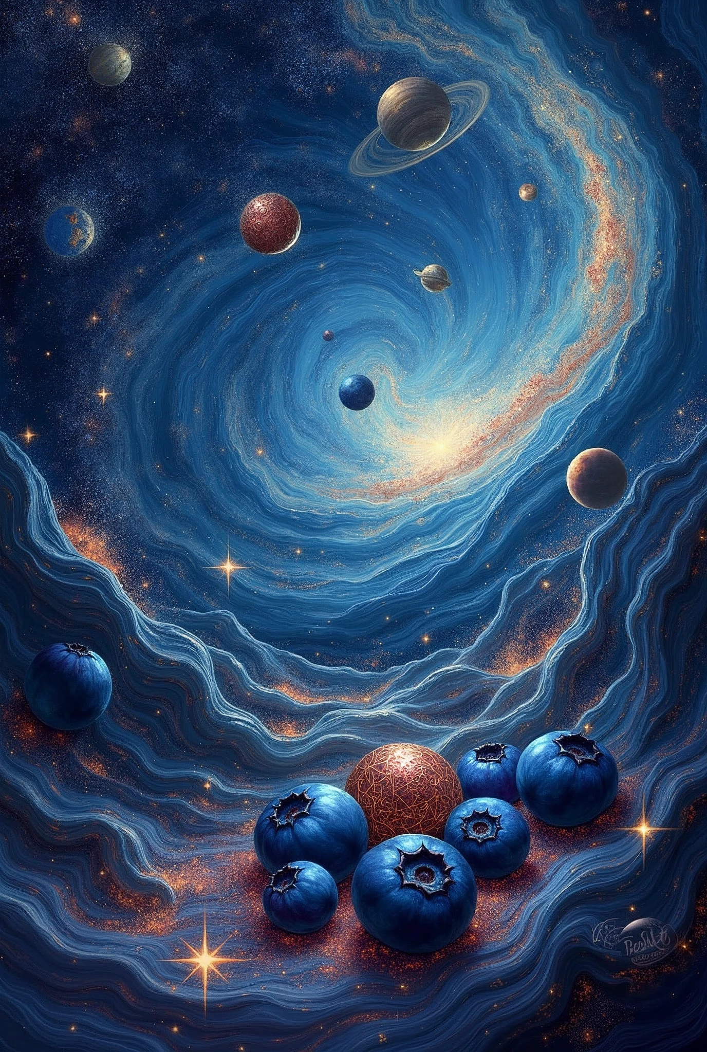 painterly masterpiece, cosmic elegance, vibrant blueberries amidst galaxies, copper accents and detailing, woodgrain and marble textures melding with silk and velvet, celestial light filtering through cosmic dust and copper reflections, Vincent van Gogh's swirling starry skies, luminous planets and copper-infused stars, deep space intrigue with interstellar copper glow, enhanced shadow depth