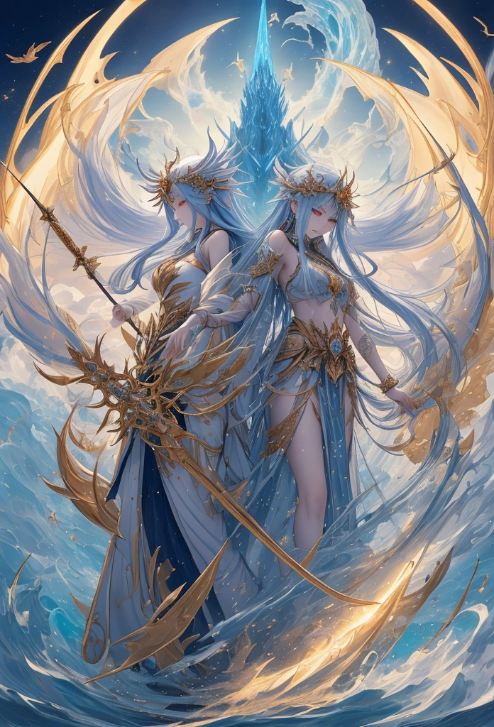 Prompt:
Izanagi and Izanami stand on the celestial bridge of heaven, which arches gracefully across the expanse of the sky. The bridge is crafted from shimmering stardust and glowing clouds, casting a gentle light on the dark, swirling sea below. Izanagi holds the heavenly jeweled spear aloft, its jewels sparkling brilliantly against the murky backdrop of the sea. As the spear pierces the waters, golden drops fall, creating ripples that gradually form the island of Onogoro. The scene captures the moment of transformation, with the sea slowly turning from a chaotic swirl to a peaceful, forming land.