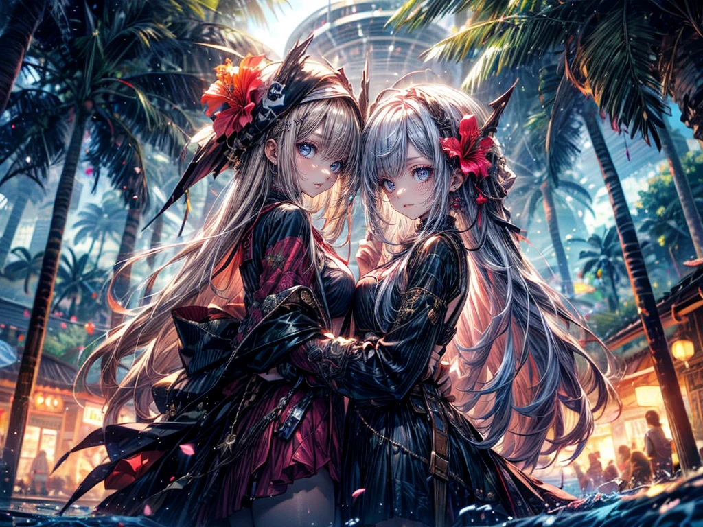 masterpiece,(bestquality),highlydetailed,ultra-detailed,2girls,(golden,glowingeyes:Blue,:1.2,elongatedears:0.8),(Otaku fashion girl and female pirate:1.2),(Tropical Island)(サーフィン🏄♀️:1.5),(Hibiscus tree in bloom:1.2)(Swimming in the sea)(panorama:1.2)(Pink hair and blonde hair:1.5)Character profile,