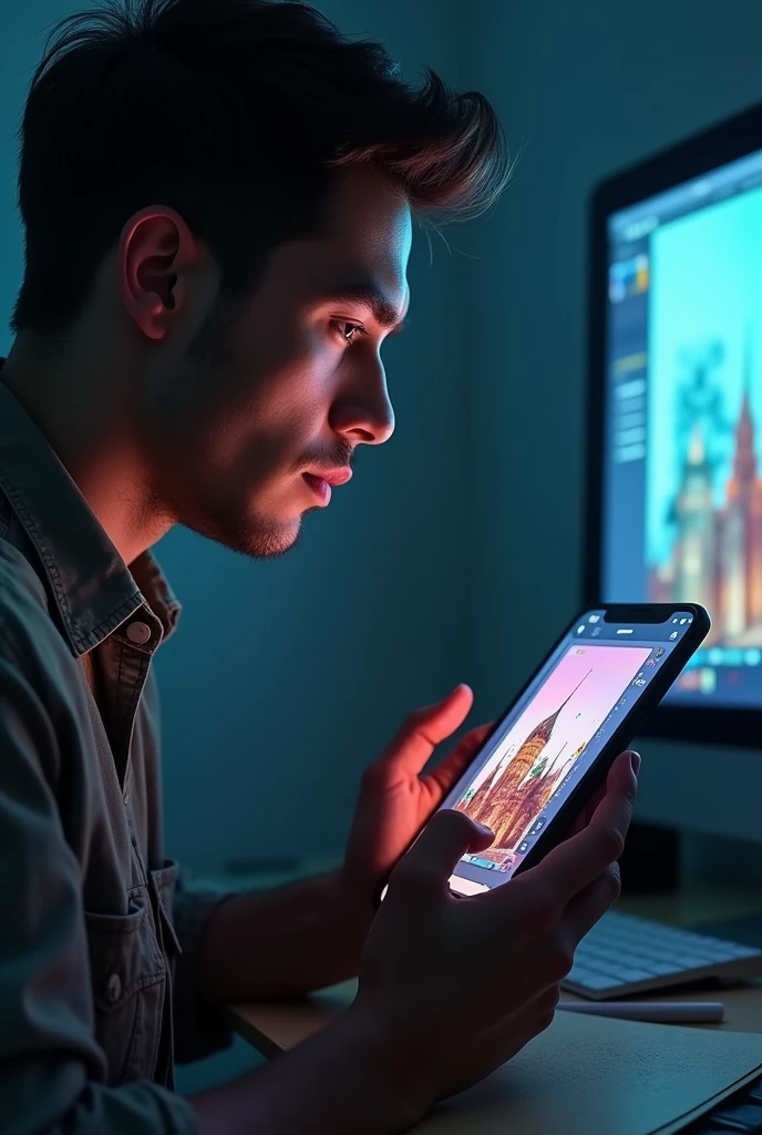 A man creating animation  in phone and showing phone 


