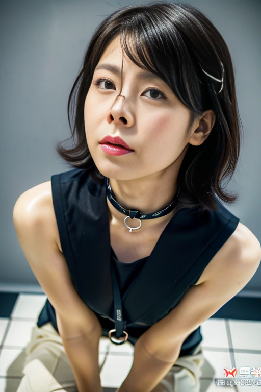 (Composition from the knees up:1.5),(masterpiece, Highest quality:1.2),(Realistic, Photorealistic:1.4), RAW Photos, High resolution, Intricate details, Very detailed, Realistic and sharp details, Portraiture, Looking into the camera, alone, 18 year old Japanese female, Tight latex leotard, Beautiful Lesbians, Quite kind, Charm, cute, Short Bob Hair, Pale skin, Fine skin, Detailed face, Beautiful detailed eyes, Beautiful, refined nose, Open your mouth, Ahegao, shameずかしそうな顔, shame, blush, clavicle, ((Collar with leash)), ((Nose hook with ring, strap)), Photo Studio,