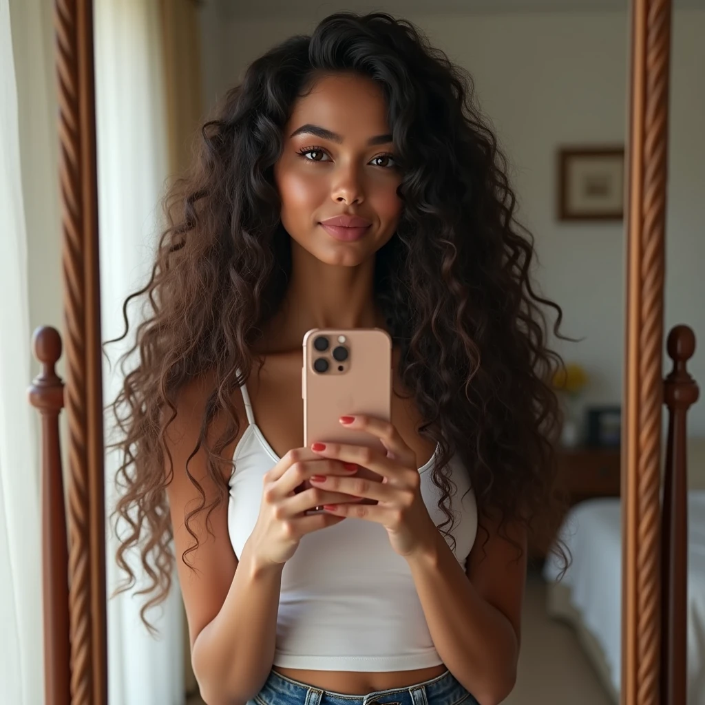 Selfie in a mirror with an iphone 15 promax, beautiful mixed latina’s girl, long wavy hair, extremely detailed full body, beautiful detailed eyes, beautiful detailed lips, selfie in home in front of a mirror, blue jean white top vibrant colors, natural lighting, (best quality,4k,8k,highres,masterpiece:1.2),ultra-detailed,(realistic,photorealistic,photo-realistic:1.37),portrait,landscape