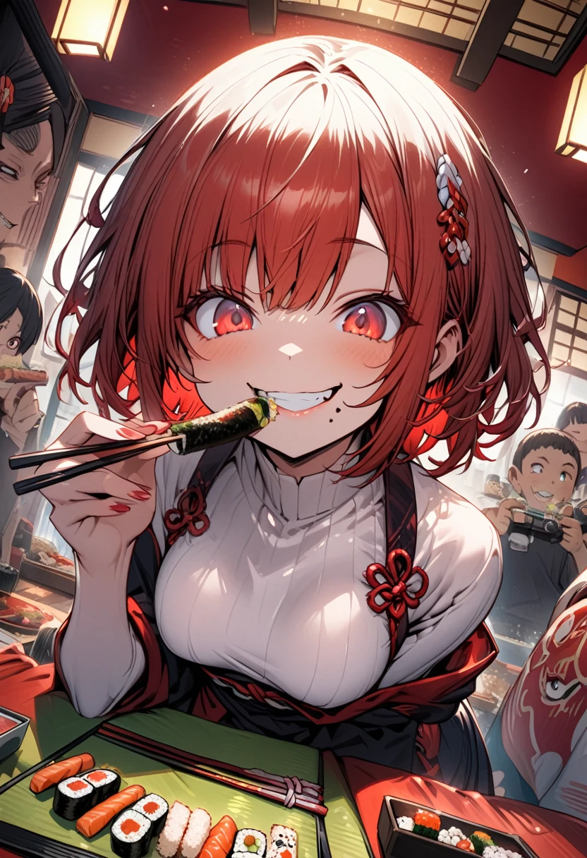 Short hair,  woman, small breasts, red sharp eyes, big eyes, cute girl, eating sushi with chopsticks, Japanese sushi, big smile, nice smile, detailed face, busty camera angle