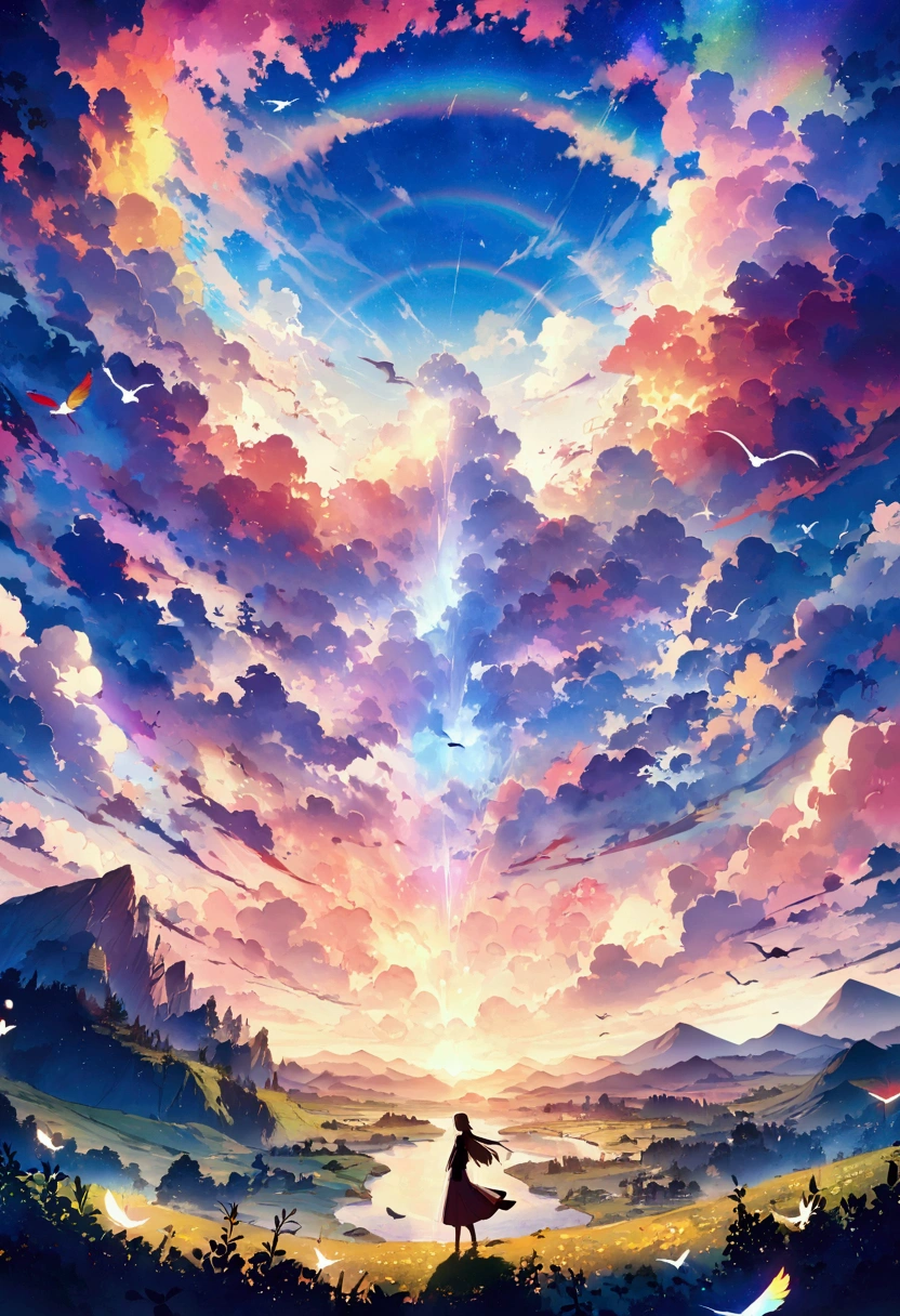 anime、デジタルanimeアート、Flat Design,(masterpiece:1.2)、high quality、High resolution、Very detailed、(Amazingly absurd:1.2)、break,Bird with rainbow feathers、Colorful background、Beautiful light effect、Wonderful landscape