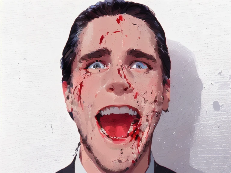 t-shirt designer, stylized modern vector art, (white background), design, man with blood on his face and tie, Patrick Bateman), in American Psycho, American Psycho, Patrick Bateman, in American Psycho (1999), in American Psycho (1 9 9 9), , face of a psychopath, brutal clean bloody face, bloody face,  horror film, (Christian Bale) ,.(cartoon style).colors (black and white).
