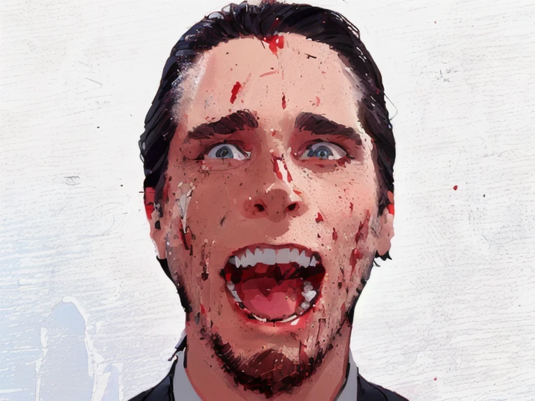 t-shirt designer, stylized modern vector art, (white background), design, man with blood on his face and tie, Patrick Bateman), in American Psycho, American Psycho, Patrick Bateman, in American Psycho (1999), in American Psycho (1 9 9 9), , face of a psychopath, brutal clean bloody face, bloody face,  horror film, (Christian Bale) ,.(cartoon style).colors (black and white).
