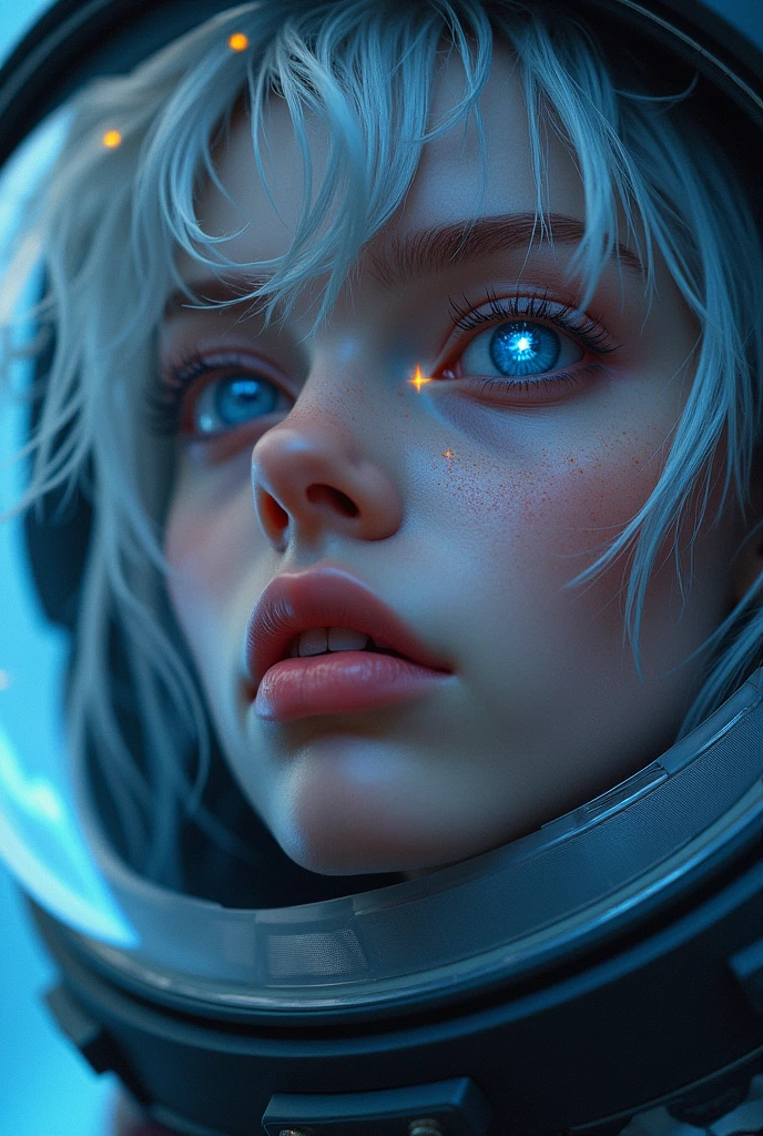 (Close-up of a better masterpiece:1.5)0.9], (Space and astronauts:1.2) (Messy silver hair:1.1) (Heterochromia xanthochromia and blue eyes:1.2) (Space Helmet:1.0) (Colored stars in the eyes:1.0) (A radiant glow:1.1) (thick lips:0.9)