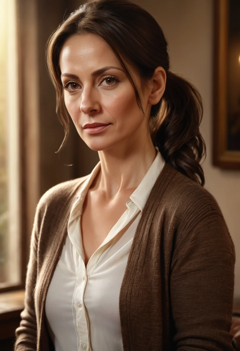 a beautiful kind and attentive 40 year old brunette mother, detailed face and eyes, medium length hair in half ponytail, wearing brown cardigan and white shirt, warm lighting, cinematic composition, soft colors, natural light, classical painting style, photorealistic, extremely detailed, best quality, masterpiece