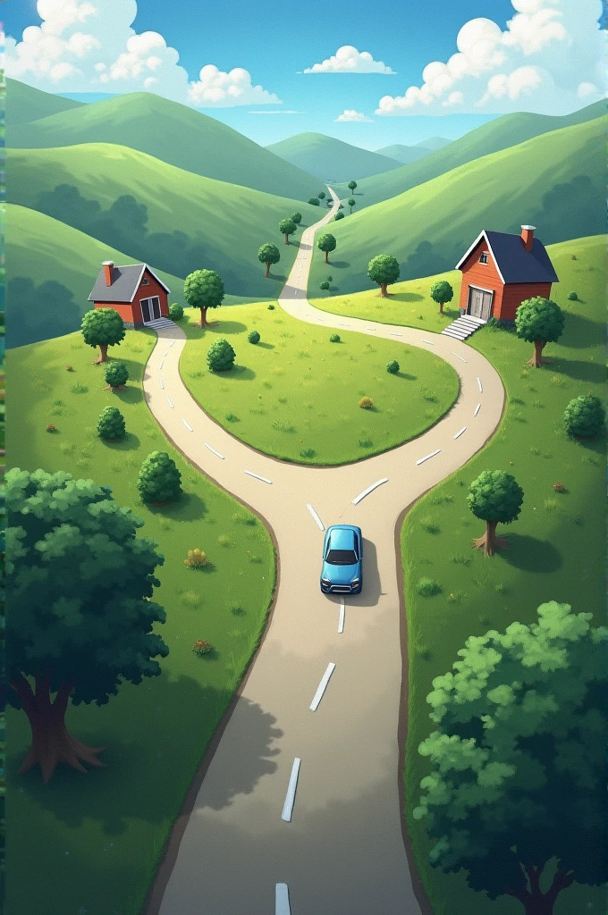 Three roads that start from the same place and go towards a car, university and a house each respectively