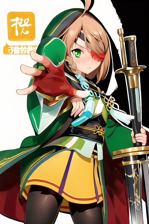 best quality, (1girl, solo),
yamamoto kansuke, light brown hair, short hair, single braid, hair over one eye, ahoge, eyepatch, green eyes, weapon, sword, blush, ( outdoors, Japanese Garden, dynamic pose, looking at viewer, ) 