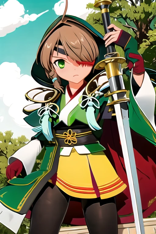 best quality, (1girl, solo),
yamamoto kansuke, light brown hair, short hair, single braid, hair over one eye, ahoge, eyepatch, green eyes, weapon, sword, blush, ( outdoors, Japanese Garden, dynamic pose, looking at viewer, ) 