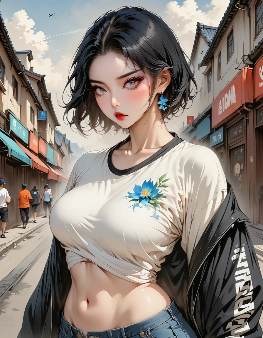 model, digital illustration, (Masterpiece:1.2), High quality, Detailed eyes, Very beautiful girl., short hair, Street wear, thick, (abdomen:1.2), (Bloom:1.2)