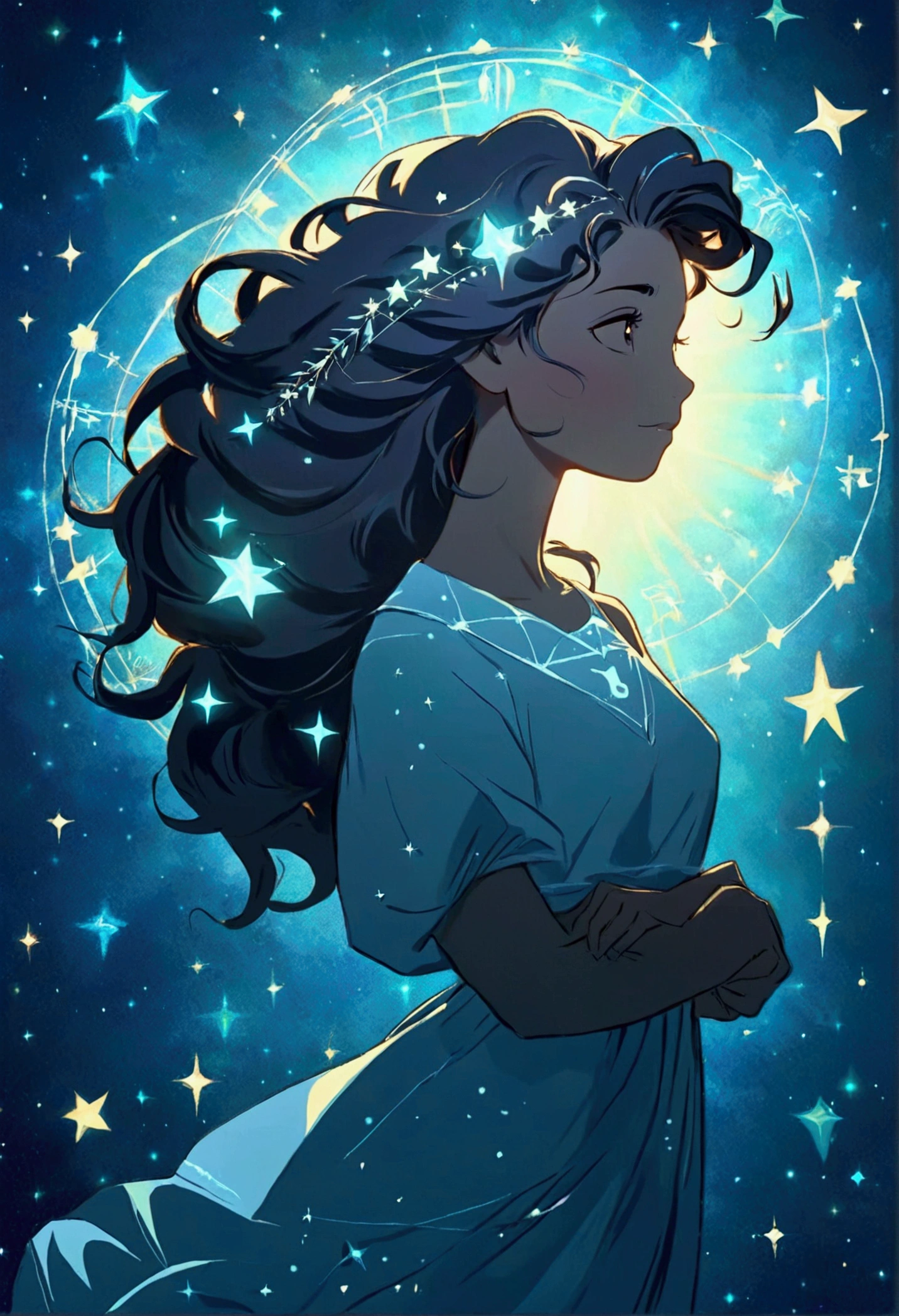 virgem zodiac sign silhouette composed by bright stars. Cosmic background