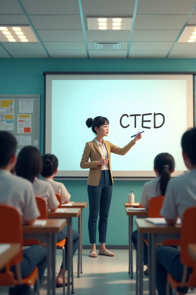 Create an image of a Thai computer teacher teaching students in front of a whiteboard and writing CTED.
