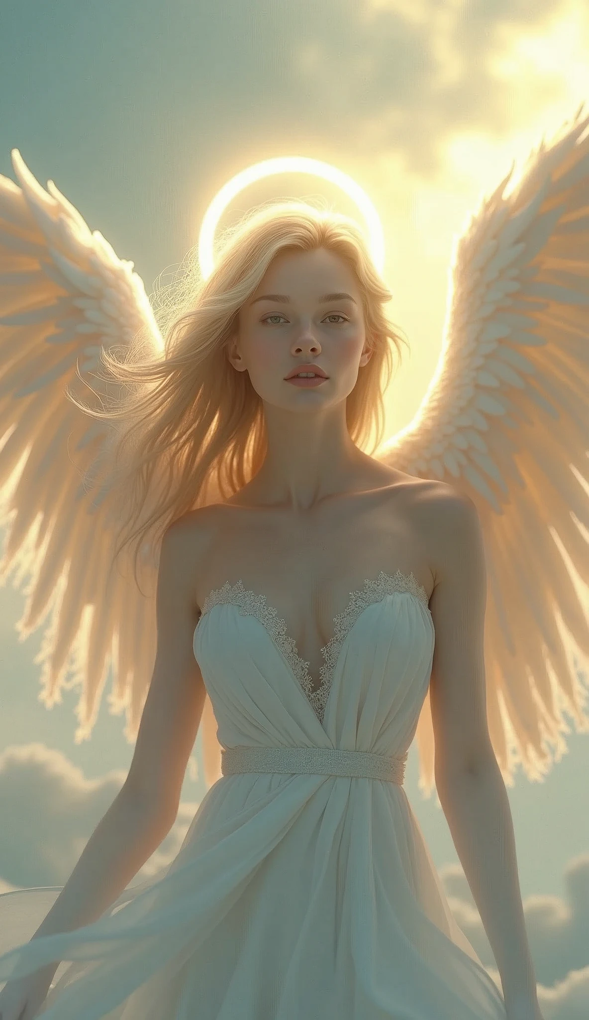 detailed angelic winged female figure,1 beautiful woman, highly detailed face, beautiful detailed eyes, beautiful detailed nose, beautiful detailed lips, long eyelashes, detailed wings, intricate feather details, glowing halo, ethereal lighting, divine radiance, soft pastel colors, serene expression, delicate facial features, photorealistic, (best quality,4k,8k,highres,masterpiece:1.2),ultra-detailed,(realistic,photorealistic,photo-realistic:1.37),digital painting, fantasy art, cinematic lighting