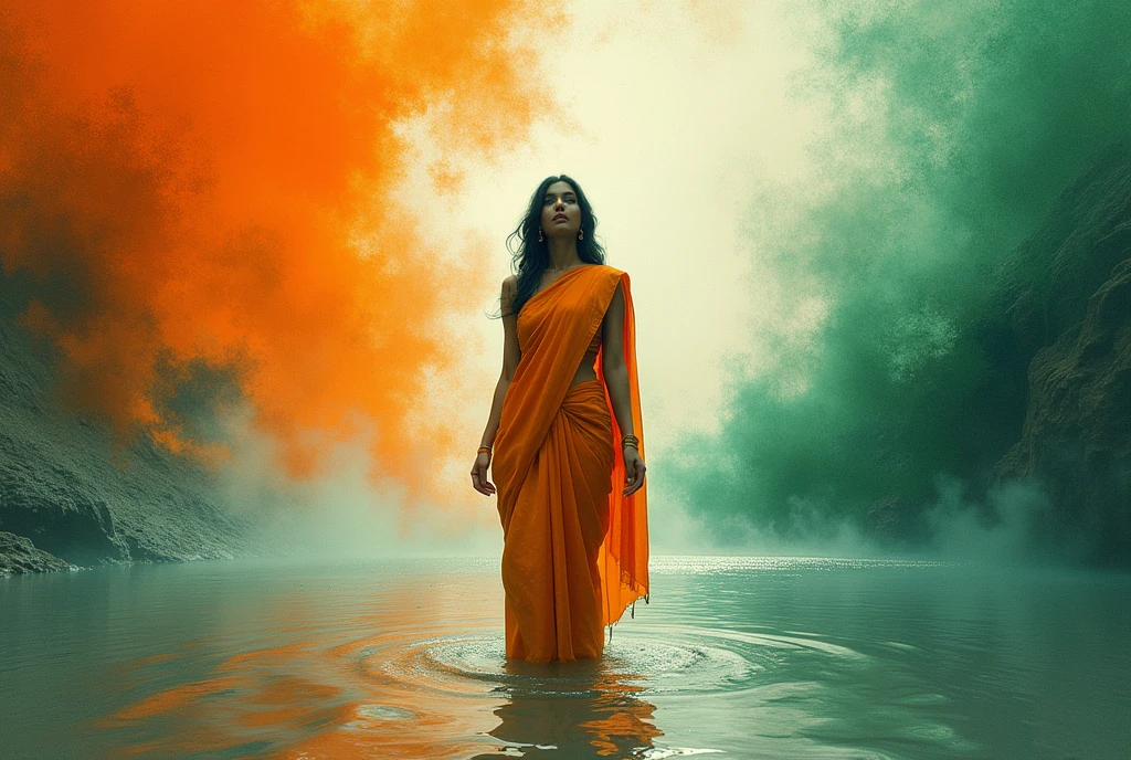 70s setting, grainy analog film, ultra-detailed, masterpiece, abstract art, glamour artwork, conceptual art, indian woman, in river, jeans, sari, abstract, ogange white green, void, vivid, indian flag background