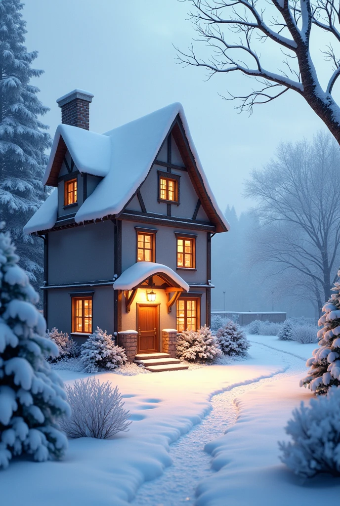 House and it's snowing, there is snow lying on the ground.
