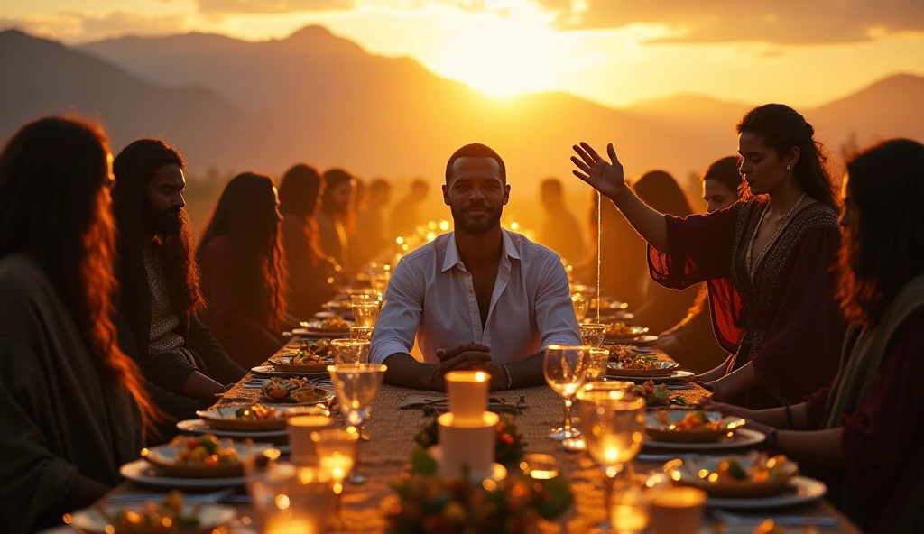 
"In an intense and evocative cinematic scene, imagine a luxurious banquet in a vast outdoor space, illuminated by the soft evening light. In the center of the table, richly decorated with opulent plates and crystal glasses, a man with a serene and confident expression sits, surrounded by an atmosphere of peace, despite the threatening presence of shadowy figures in the background, representing their enemies. The table is surrounded by lush scenery, with mountains in the distance and a sky in shades of orange and purple. In a symbolic gesture, a benevolent figure approaches, anointing the man&#39;s head with oil, as a cup overflows, symbolizing abundance and blessings. The image captures the tension between adversity and inner peace, reflecting the profound message of divine protection and provision."