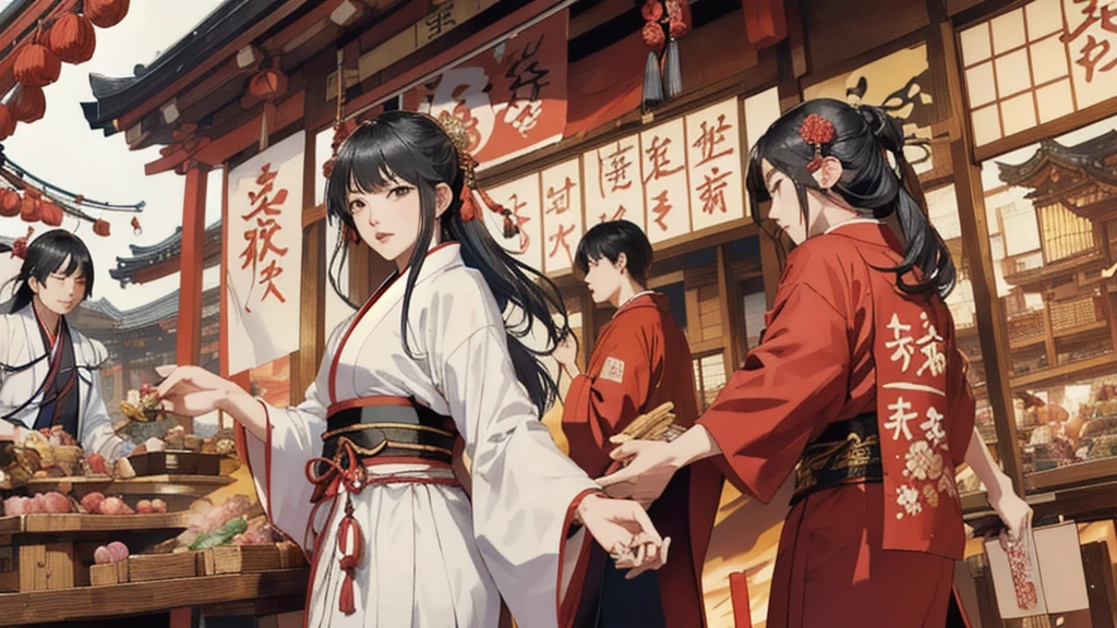 A bustling Japanese market scene during the Sengoku period, where merchants and traders freely engage in business. Oda Nobunaga, in traditional robes, is seen in the background observing the thriving marketplace, symbolizing his policy of free trade.