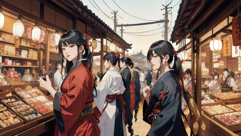 A bustling Japanese market scene during the Sengoku period, where merchants and traders freely engage in business. Oda Nobunaga, in traditional robes, is seen in the background observing the thriving marketplace, symbolizing his policy of free trade.