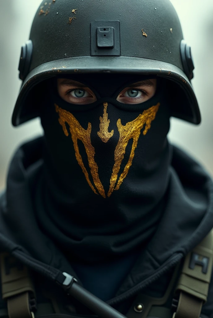 A man in a black balaclava with a large golden claw drawing on his face. A military black helmet on his head. He is looking into the frame