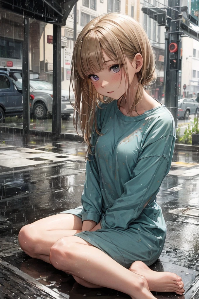 a girl of 17, sat outside in the rain with her back against a while and hugging her own legs for warmth, she is naked except for a pyjama shirt that is detailed and coloured teal. She has very short caramel-blonde hair and expressive and detailed purple eyes that are a window into her depression. It is raining heavily, she is sitting outside on the pavement soaked to the bone, every part of her is dripping wet with heavy rainwater, is it nighttime, and very dark, sitting outside on the pavement, sidewalk, in a pyjama shirt, buttoned up pyjama top, street, road, small breasts, small B-cup breasts, town street,