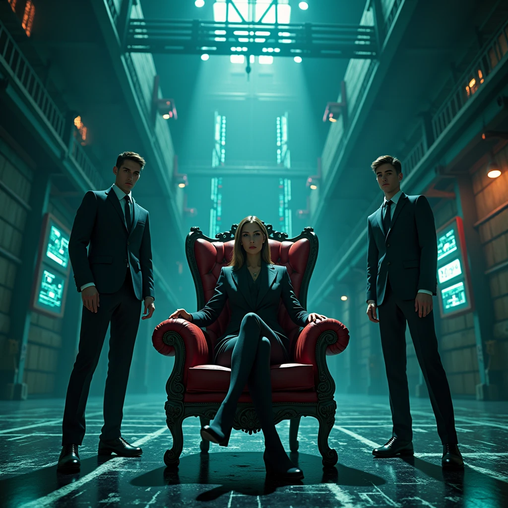 An eerie warehouse-like room with perfect detail
And a complex hacking system
A blue and green lighting
A few dots left next to the picture
and a young woman in a black suit sitting on a large aristocratic red chair
And a young man is standing next to her with a scary smile