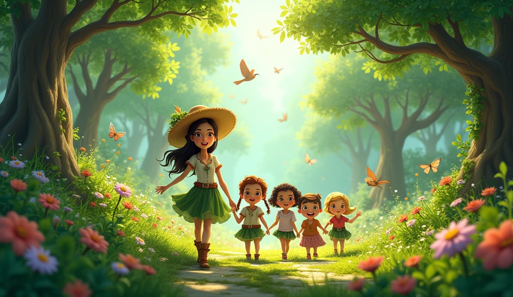 A lush, vibrant forest with tall trees, sparkling rivers, and colorful flowers. The sun is shining through the canopy, creating a warm, golden light. The environment is full of life—birds chirping, squirrels scampering, and butterflies fluttering.
Characters: A cheerful teacher, dressed in a forest-themed outfit (like a ranger or a woodland guide), and a group of enthusiastic kids of diverse backgrounds, each wearing cute, nature-inspired outfits.