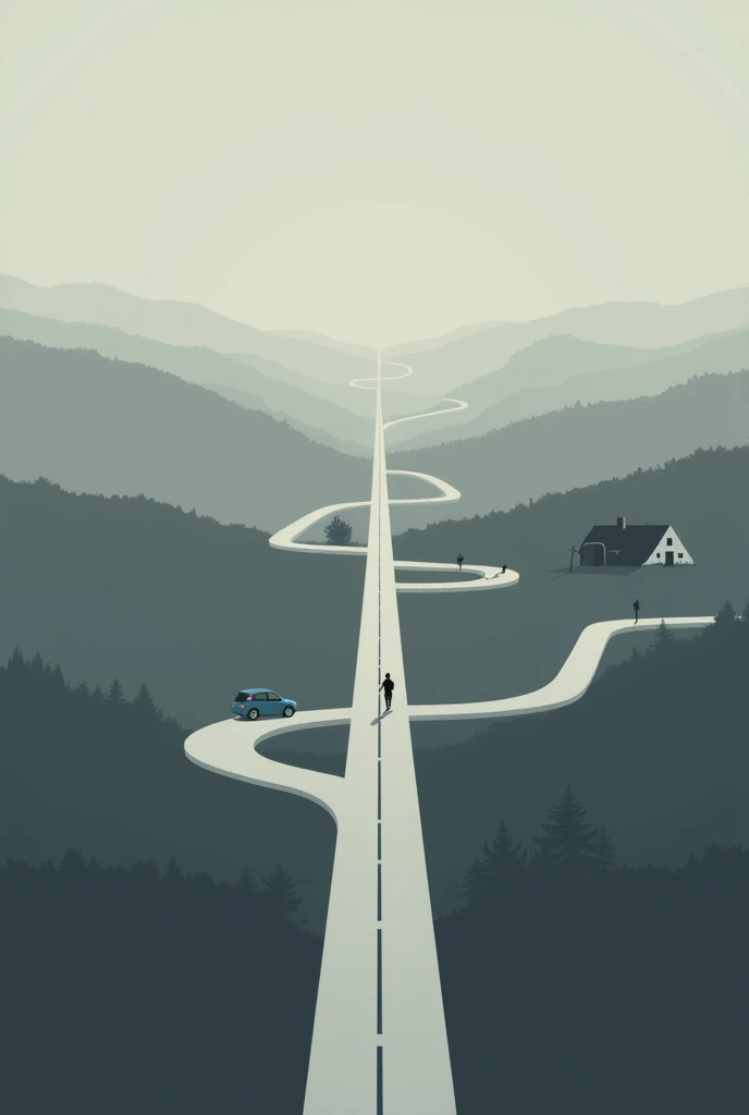 Three roads that start from the same place and go towards a car, a university and a house each respectively in grayish tones