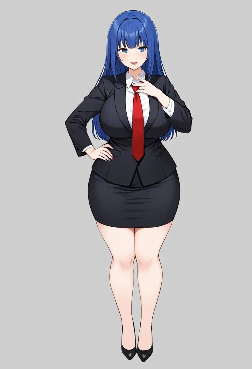 1girl, solo, long royal blue hair, hair bangs,  standing, sharp outline, black blazer, white shirt, red tie, black pencil skirt, busty, thick thighs, wide hips, big soft thighs, black high heels, full body shown, white background, short height, round head, simple eyes, round face, long fingernails, thick thighs pressed together, smug expression, smug, smirk, teasing, blue eyes, half lidded eyes, hand covering mouth, open mouth, smile, entire body showing 